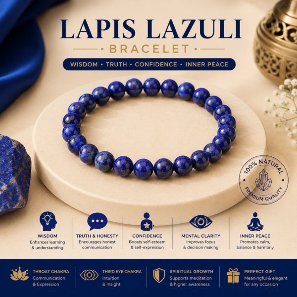 Lapis Lazuli Bracelet – A Stone That Has Inspired Kings, Scholars & Seekers Few gemstones have a history as remarkable as Lapis Lazuli. Treasured since ancient civilizations, this striking deep-blue stone has been worn by royalty, artists and spiritual practitioners for centuries. Its intense blue colour, often highlighted with shimmering golden pyrite inclusions, gives it an appearance unlike almost any other gemstone. Today, Lapis Lazuli remains one of the most admired crystals for those seeking jewellery that combines natural beauty with meaningful symbolism. Why Do People Wear Lapis Lazuli? In crystal and spiritual traditions, Lapis Lazuli is commonly associated with: Wisdom – Traditionally linked with learning, knowledge and better understanding Truth & Honesty – Symbolically connected with authentic communication Confidence – Often chosen to encourage self-expression Mental Clarity – Popular during study, planning and decision-making Inner Peace – Used in meditation and mindfulness practices Creative Expression – Favoured by artists, writers and creators Naturally Beautiful in Every Bead Lapis Lazuli is loved for its unmistakable appearance. Each bracelet may feature: Rich royal blue colour Deep navy blue shades Natural golden pyrite flecks Soft white calcite patterns Unique natural stone textures No two bracelets are exactly alike, making every piece one of a kind. Designed for Everyday Elegance Its luxurious blue colour makes the bracelet suitable for nearly every occasion. Wear it: At work During important meetings With traditional attire With casual outfits During meditation During journaling or study While travelling As a meaningful daily accessory Who Is This Bracelet For? This bracelet is ideal for people who: Love premium blue gemstones Prefer elegant everyday jewellery Practice meditation or mindfulness Appreciate meaningful crystal jewellery Are students, teachers or professionals Enjoy collecting natural crystals Want a thoughtful gift with timeless appeal A Meaningful Gift for Every Occasion The Lapis Lazuli Bracelet makes an excellent gift for: Birthdays Graduations New jobs Promotions Business owners Students Teachers Writers Spiritual practitioners Friends and family Its rich blue appearance and symbolic meaning make it a gift that feels both luxurious and personal. Product Details Product: Lapis Lazuli Bracelet Price: ₹1,599 Stone: Natural Lapis Lazuli Colour: Royal blue, deep blue with natural golden pyrite inclusions Style: Beaded crystal bracelet Traditional Association: Wisdom, truth, confidence, communication and inner peace Common Chakra Association: Throat Chakra & Third Eye Chakra Ideal For: Everyday wear, meditation, spiritual practice, study and gifting Natural Variation Notice: As a natural gemstone, colour, pyrite inclusions, white calcite patterns and texture may vary, making every bracelet unique. Care Instructions: Avoid prolonged exposure to perfumes, chemicals and excessive moisture. Store separately in a soft pouch to preserve the stone's natural finish. Disclaimer: Crystal properties and chakra associations are based on traditional and metaphysical beliefs. They are not scientifically established medical benefits and are not intended to diagnose, treat, cure or prevent any physical or psychological condition.