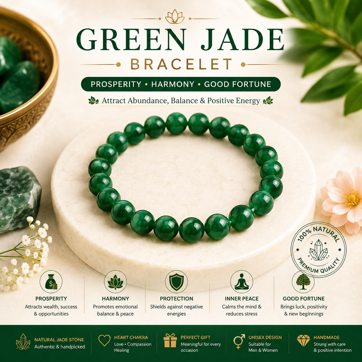 Natural Green Jade Bracelet for Prosperity, Harmony & Good Fortune Natural Green Jade Bracelet for Prosperity, Harmony & Good Fortune